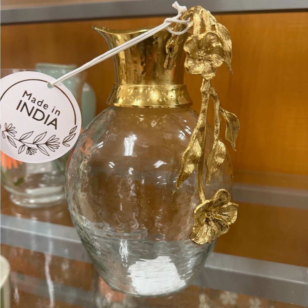 Made in India Clear Glass Vase with Gold Floral Accent